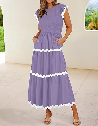 Women's Summer Flutter Short Sleeve Smocked Midi Dress Casual High Waist Rickrack Tiered Flowy Dresses