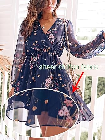Women's Mini Dresses Casual Spring V Neck Chiffon Long Peasant Sleeves Flowy Summer Dress