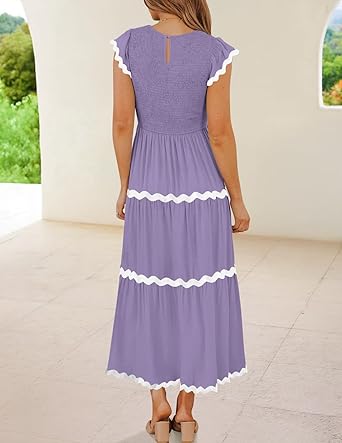 Women's Summer Flutter Short Sleeve Smocked Midi Dress Casual High Waist Rickrack Tiered Flowy Dresses