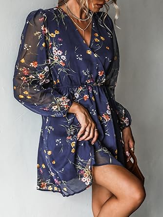 Women's Mini Dresses Casual Spring V Neck Chiffon Long Peasant Sleeves Flowy Summer Dress