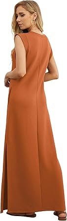2025 Women Year-Round Casual Round Neck Loose Split Wrinkle-Free Long Maxi Vacation Dress with Pockets (XS-3XL)