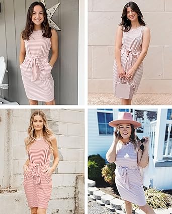 Womens 2025 Summer Sleeveless Striped T Shirt Dress Casual Crew Neck Tie Waist Mini Dresses
