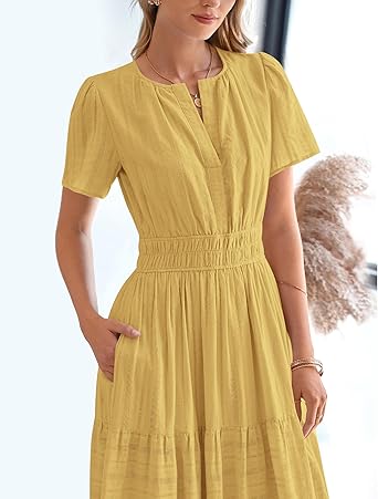 Womens Summer 2025 Casual Midi Maxi Dresses Lightweight Short Sleeve V Neck Elastic Waist Boho Beach Dress Pockets
