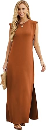 2025 Women Year-Round Casual Round Neck Loose Split Wrinkle-Free Long Maxi Vacation Dress with Pockets (XS-3XL)