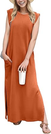 2025 Women Year-Round Casual Round Neck Loose Split Wrinkle-Free Long Maxi Vacation Dress with Pockets (XS-3XL)