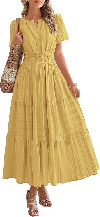 Womens Summer 2025 Casual Midi Maxi Dresses Lightweight Short Sleeve V Neck Elastic Waist Boho Beach Dress Pockets