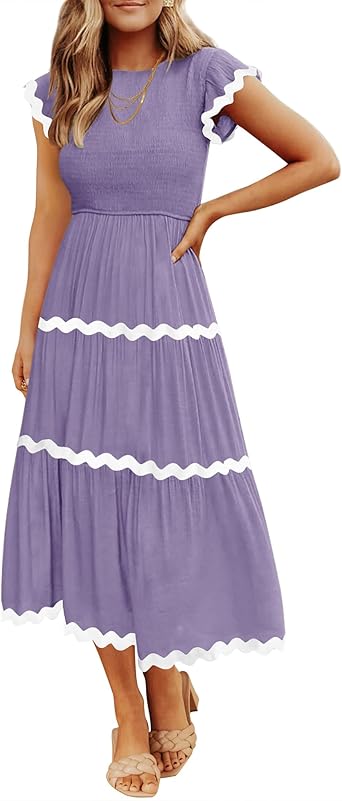 Women's Summer Flutter Short Sleeve Smocked Midi Dress Casual High Waist Rickrack Tiered Flowy Dresses