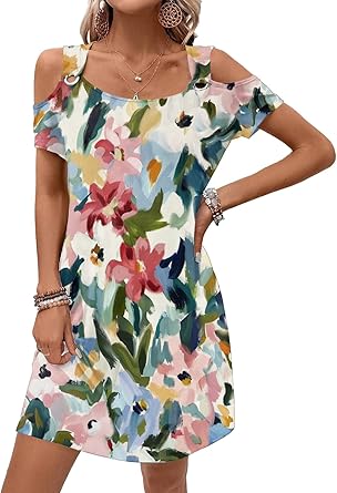 Womens Summer Dress Cold Shoulder Scoop Neck Short Sleeve Spaghetti Strap with O Ring Fashion Sundress with Pockets