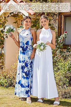 Women's Summer 2025 Maxi Dress Floral Halter Neck Sexy Party Wedding Guest Long Formal Dress