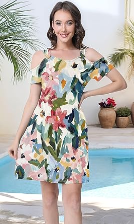 Womens Summer Dress Cold Shoulder Scoop Neck Short Sleeve Spaghetti Strap with O Ring Fashion Sundress with Pockets