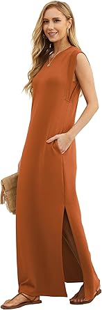 2025 Women Year-Round Casual Round Neck Loose Split Wrinkle-Free Long Maxi Vacation Dress with Pockets (XS-3XL)