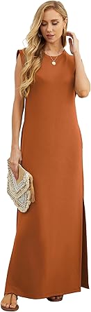 2025 Women Year-Round Casual Round Neck Loose Split Wrinkle-Free Long Maxi Vacation Dress with Pockets (XS-3XL)