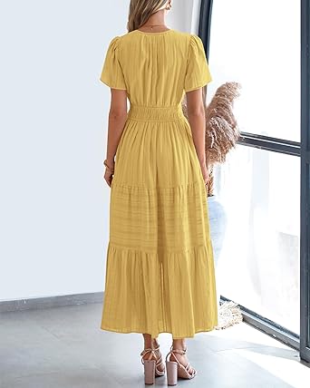 Womens Summer 2025 Casual Midi Maxi Dresses Lightweight Short Sleeve V Neck Elastic Waist Boho Beach Dress Pockets