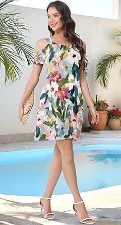 Womens Summer Dress Cold Shoulder Scoop Neck Short Sleeve Spaghetti Strap with O Ring Fashion Sundress with Pockets