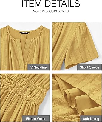 Womens Summer 2025 Casual Midi Maxi Dresses Lightweight Short Sleeve V Neck Elastic Waist Boho Beach Dress Pockets