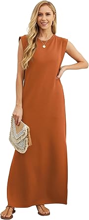2025 Women Year-Round Casual Round Neck Loose Split Wrinkle-Free Long Maxi Vacation Dress with Pockets (XS-3XL)