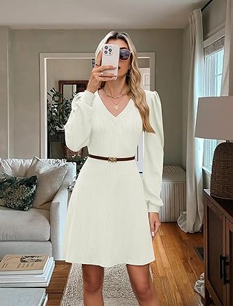 Fall Dresses for Women 2025 Knit V Neck Long Sleeve Sweater Dress A Line Casual Outfits